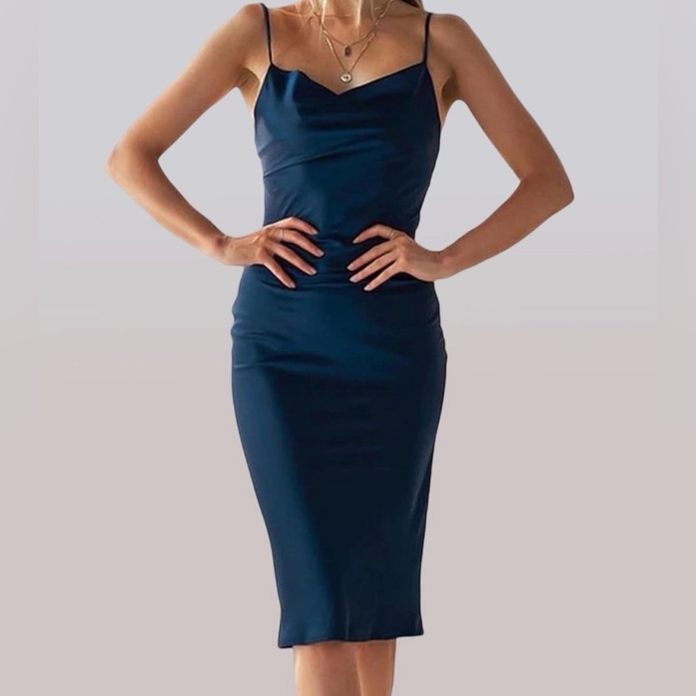 XXXiticat Women's Spaghetti Strap Cowl Neck Side Zip Closure and Slit Midi Dress